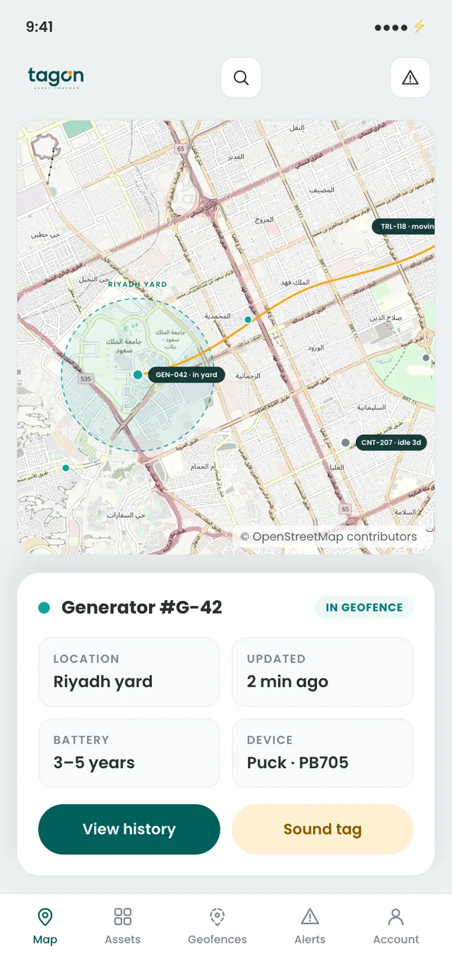 The Tagon mobile app: live map, an asset card for a generator inside its geo-fence, and View history / Sound tag actions