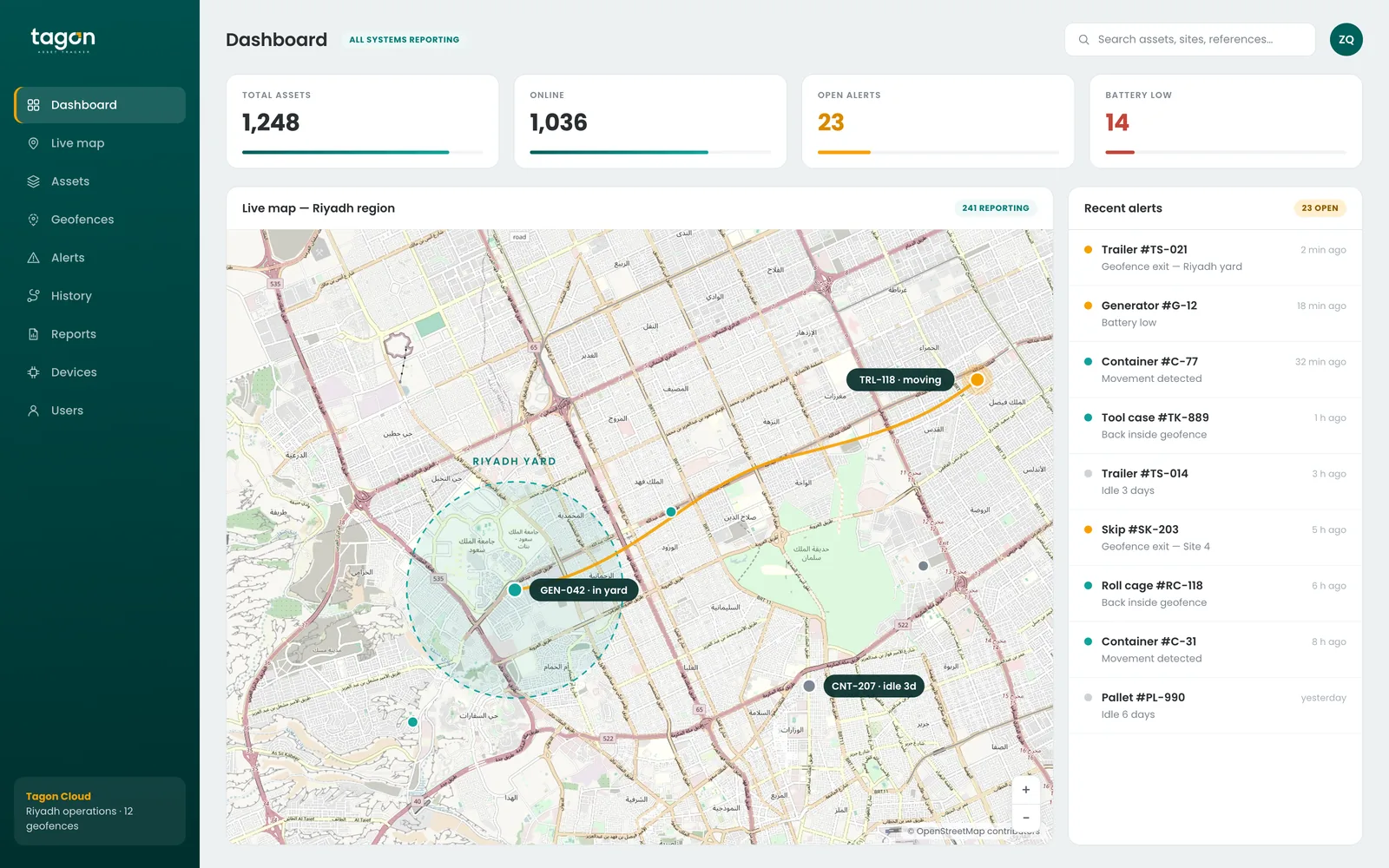 The Tagon Cloud dashboard: asset totals, a live map of the Riyadh region with a geo-fence and a moving trailer, and a recent alerts list