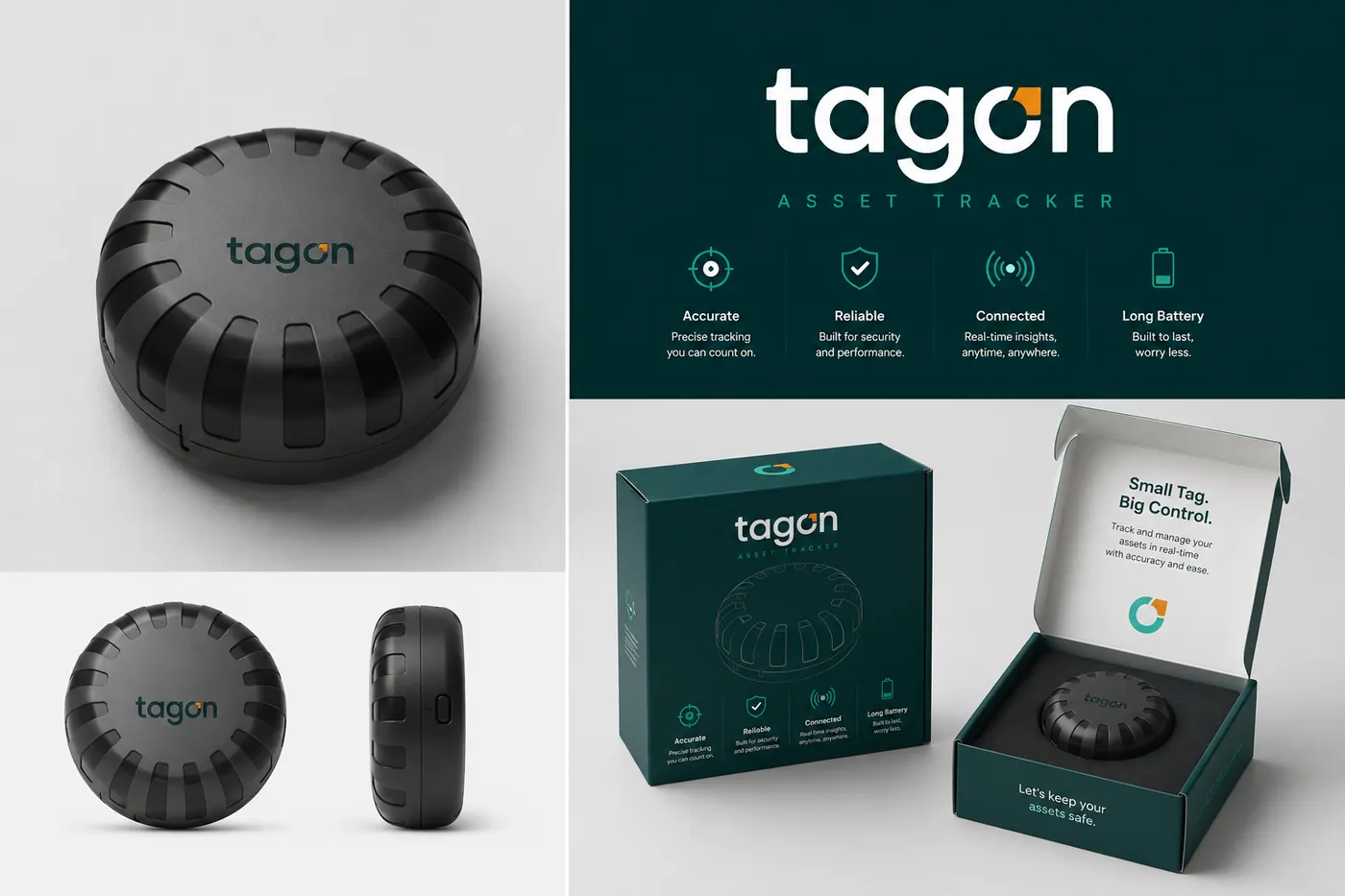 Tagon product renders showing the device and its retail packaging