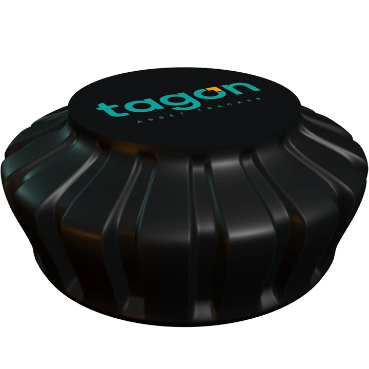 The Tagon Puck asset tag, a sealed fluted enclosure rated IP68